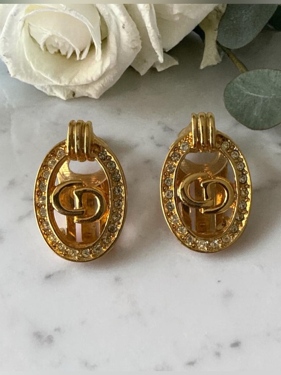 Gucci Jewelry - Christian Dior Vintage Gold Logo Crystal‎ Oval Clip-On Earrings